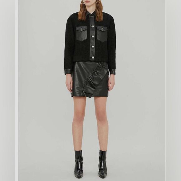 Sandro Black Cropped Leather Trim Button Front Tweed  Boucle Jacket Size 10 - Picture 3 of 17